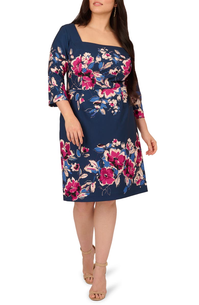 Adrianna Papell Placed Floral Dress, Alternate, color, Navy/ Pink Multi