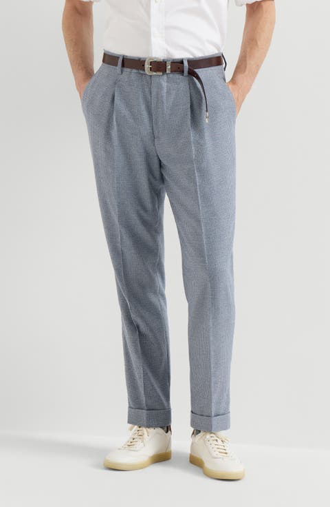 Cashmere and silk houndstooth flannel trousers with pleat