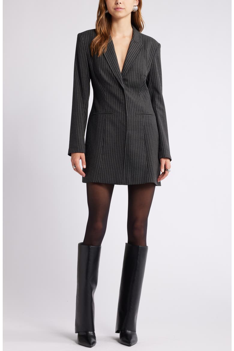 Pinstripe Long Sleeve Blazer Minidress, Main, color, GREY DARK CHARCOAL STRIPE