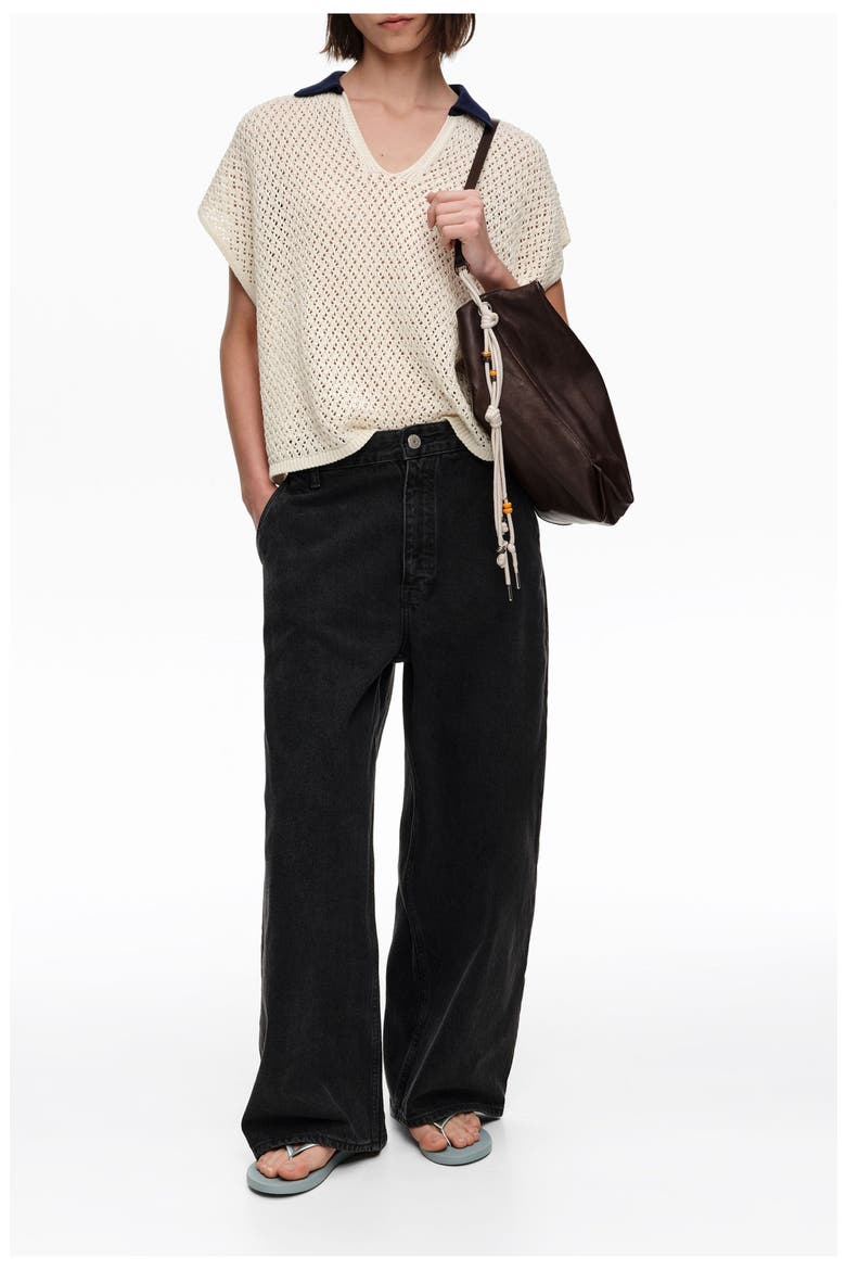 Openwork Cotton Polo Shirt Sweater, Alternate, color, IVORY
