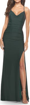 La Femme Ruched Jersey Dress with Lace Up Back