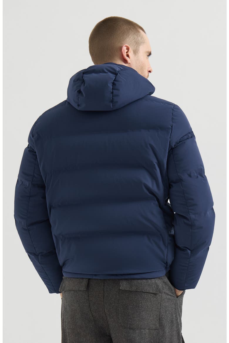 Stretch bonded nylon down jacket with heat-bonded seams and detachable hood, Alternate, color, Blue