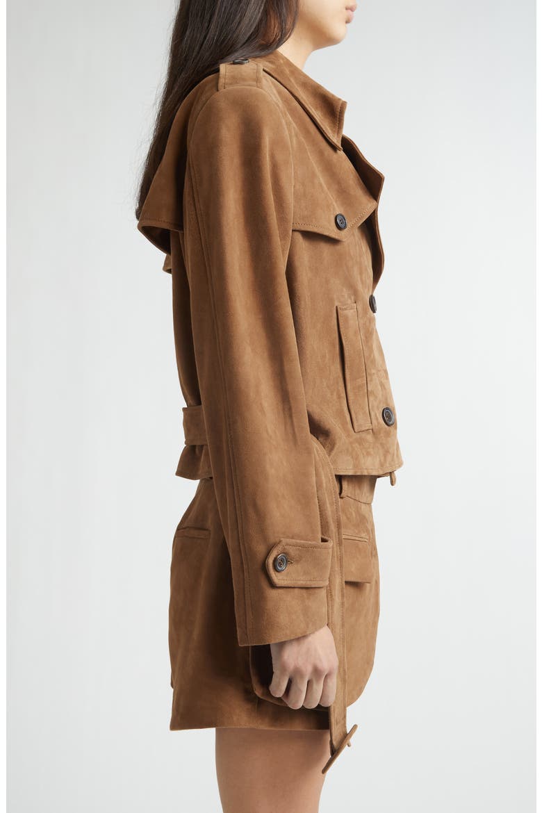 Layering Double Breasted Lambskin Suede Crop Trench Coat, Alternate, color, TAN