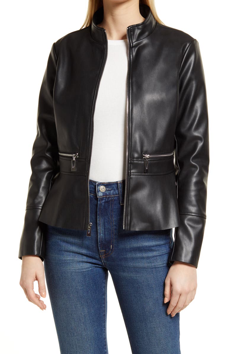 Via Spiga Faux Leather Peplum Jacket, Main, color, 
