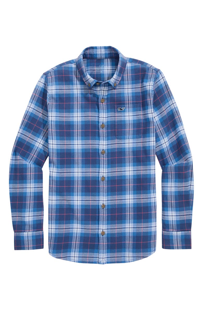 vineyard vines Kids' Muskeget Plaid Cotton Flannel Button-Down Shirt, Alternate, color, Tide Blue