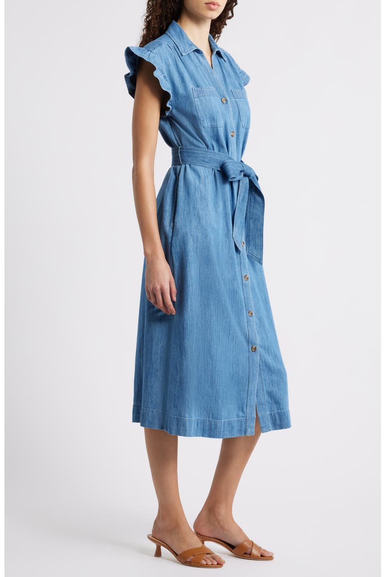 Tie Waist Denim Midi Dress, Alternate, color, MEDIUM WASH