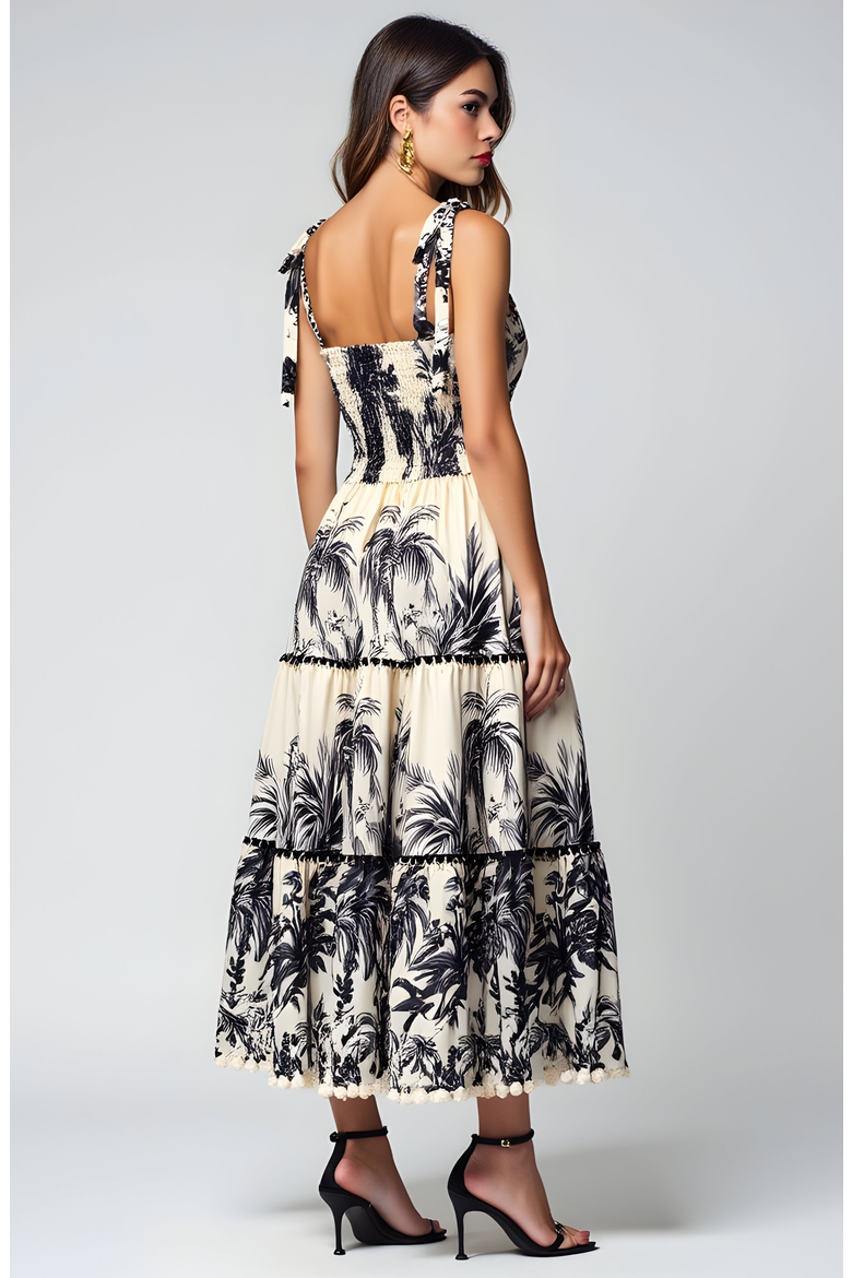 Tropical Print Tiered Midi Dress with Pom Trim and Smocked Bodice, Alternate, color, Ivory / Black