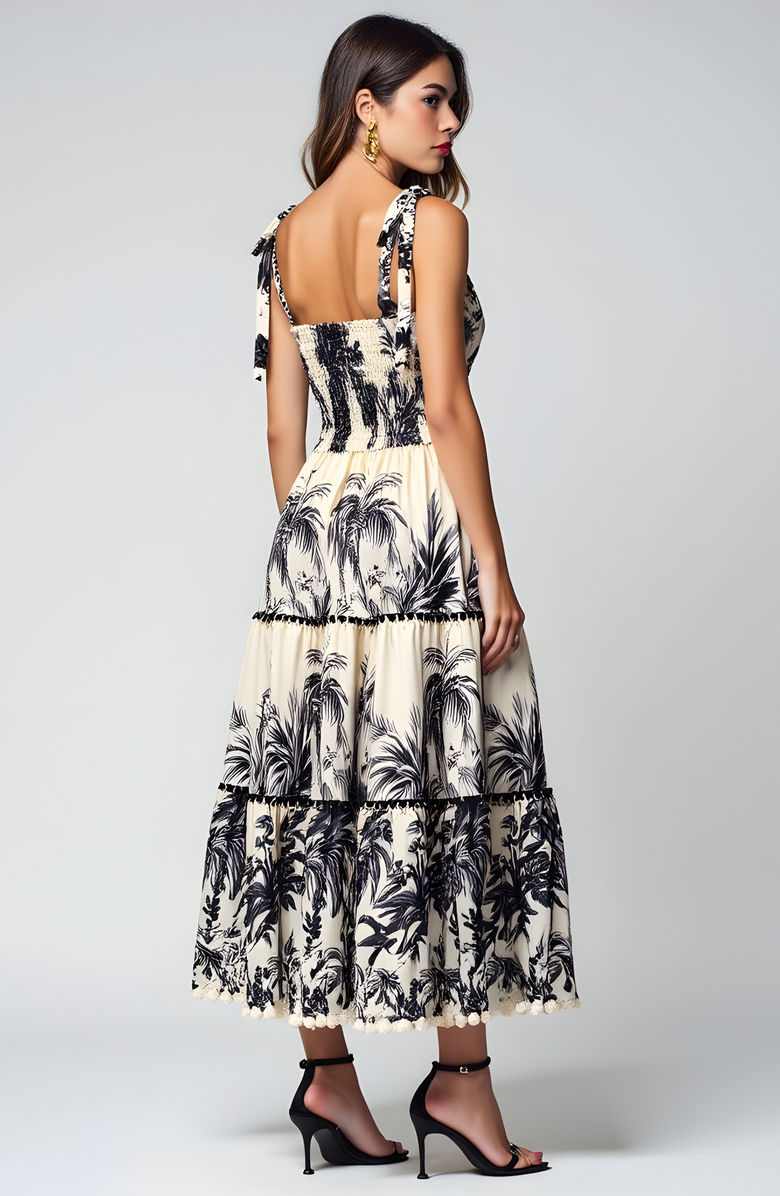 Modenaire Tropical Print Tiered Midi Dress with Pom Trim and Smocked Bodice, Alternate, color, 