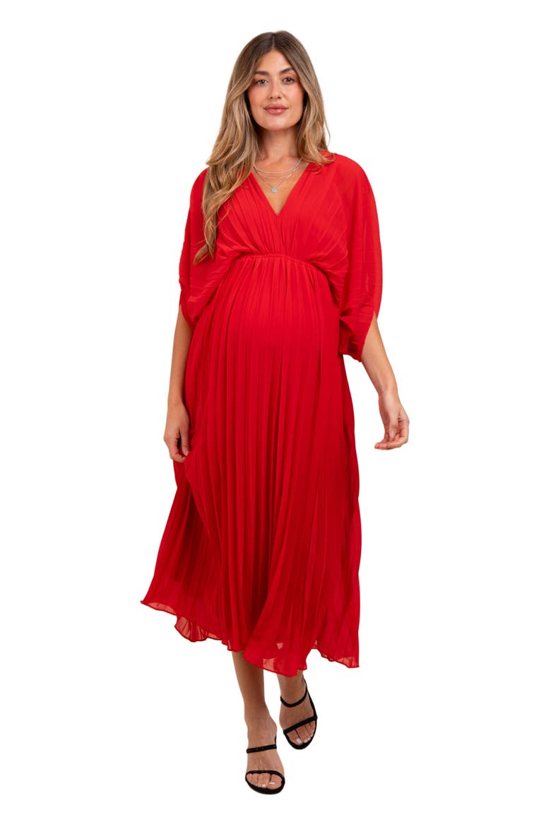 Pleated V Neck Maxi Dress, Alternate, color, Red