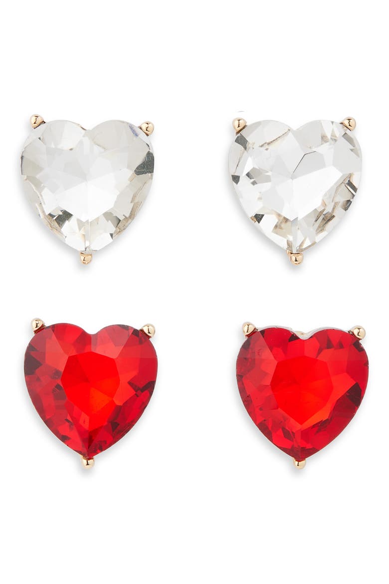 Set of 2 Heart Stud Earrings, Main, color, RED/ CRYSTAL