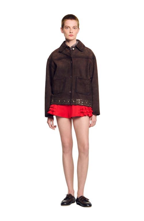 Sandro Studded Suede Leather Jacket In Brown