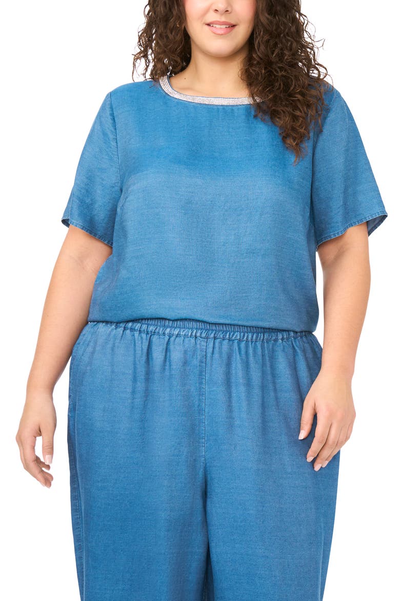Bead Detail Chambray Top, Main, color, CHAMBRAY BLUE