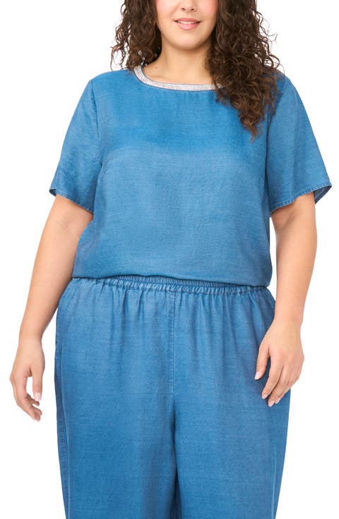 Bead Detail Chambray Top (Plus)