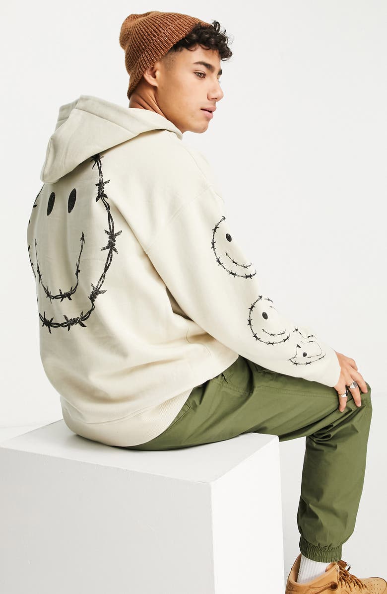 Topman Smile Oversize Cotton Graphic Hoodie, Alternate, color, Stone
