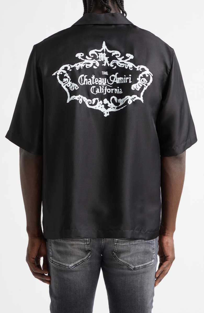 AMIRI Chateau Amiri Crest Silk Camp Shirt, Alternate, color, Black