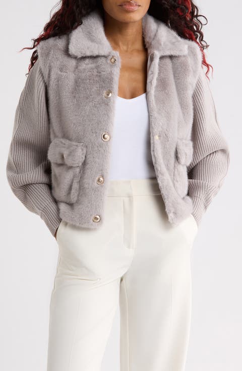 Faux Fur Jacket with Knit Sleeves