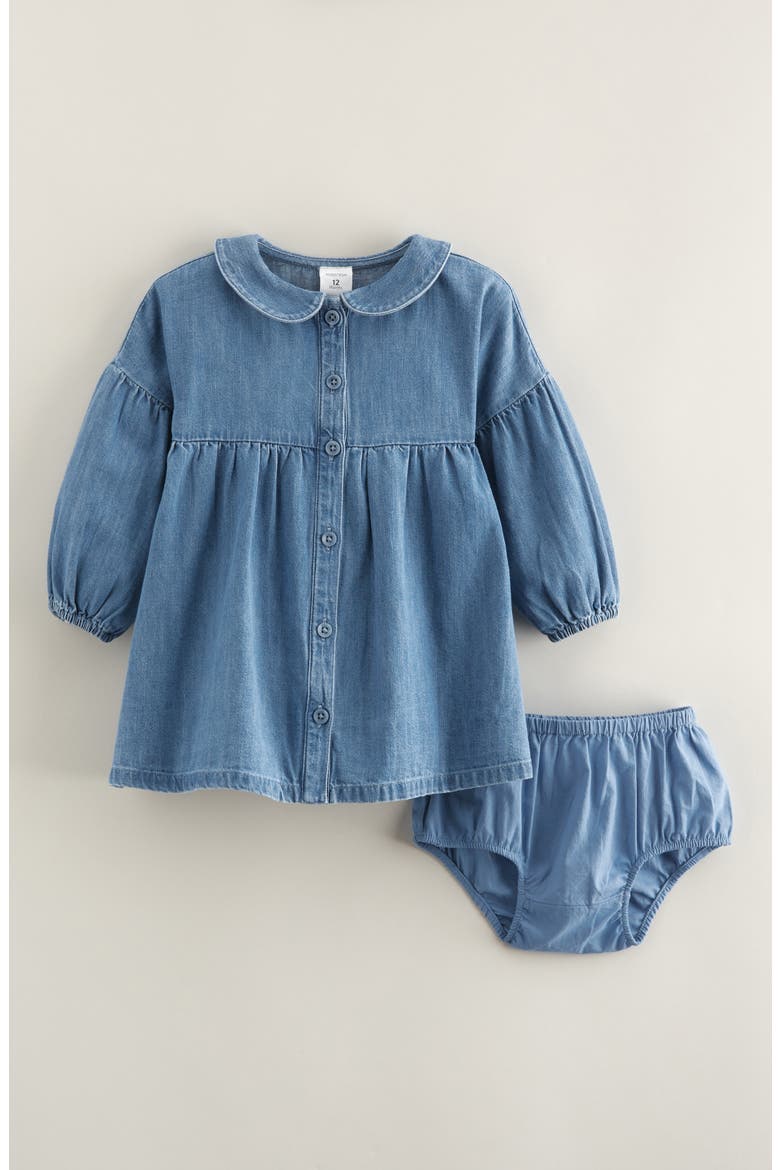 Bubble Sleeve Chambray Dress & Bloomers Set, Main, color, MID GEM WASH