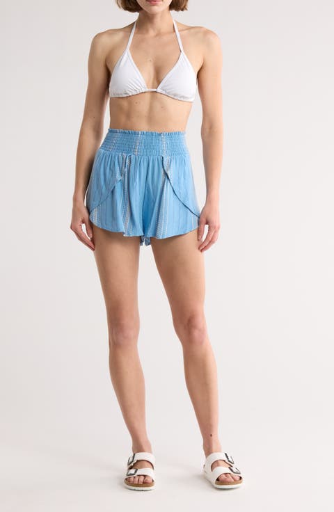Smocked Waist Faux Wrap Cover-Up Shorts