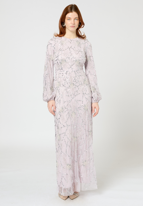 Maryisa Modest Embellished Sequin Beaded Maxi Dress With Sleeve