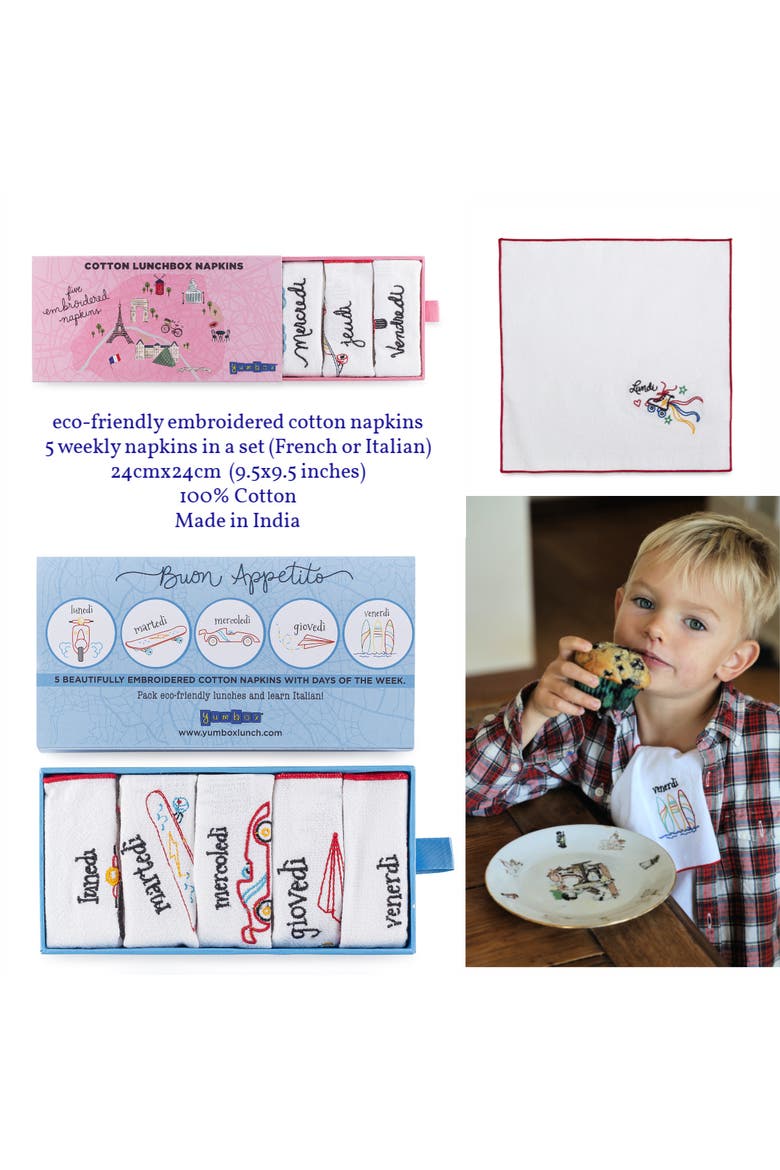 Reusable Embroidered Cotton Napkin Set - Days of the Week in Italian, Alternate, color, Blue