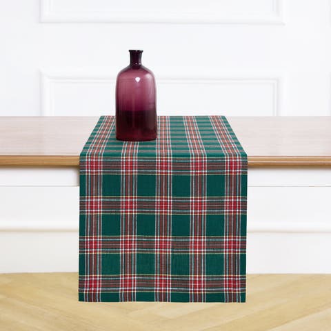 Linen Table Runner for Dining Table, Holiday and Everyday Table Decor - Green Tartan Plaid