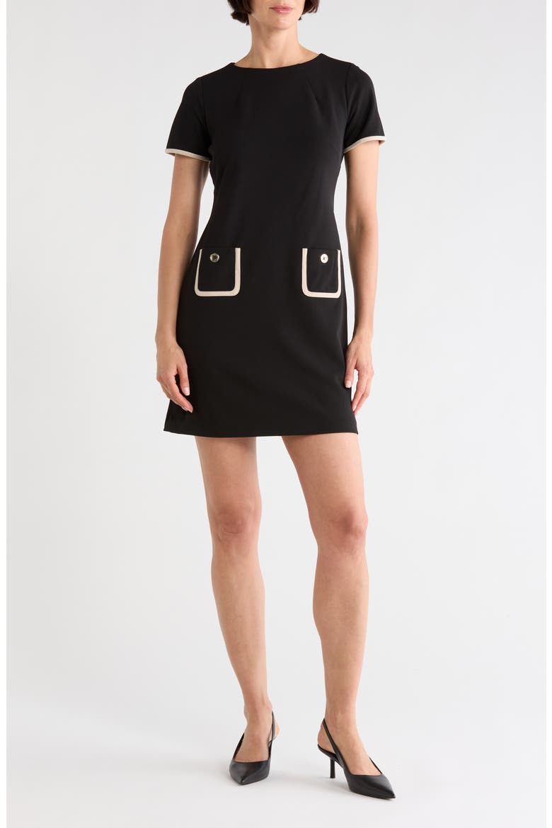 Short Sleeve Scuba Crepe Contrast Trim Dress, Main, color, BLACK/ KHAKI
