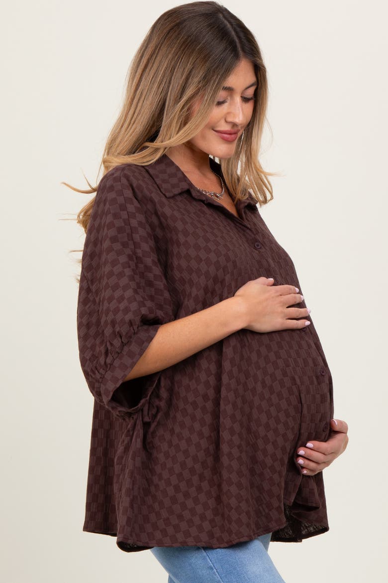 Checker Print Short Sleeve Oversized Blouse, Alternate, color, Brown