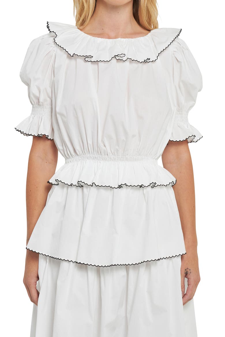 Picot Stitch Ruffle Poplin Top, Alternate, color, OFF WHITE