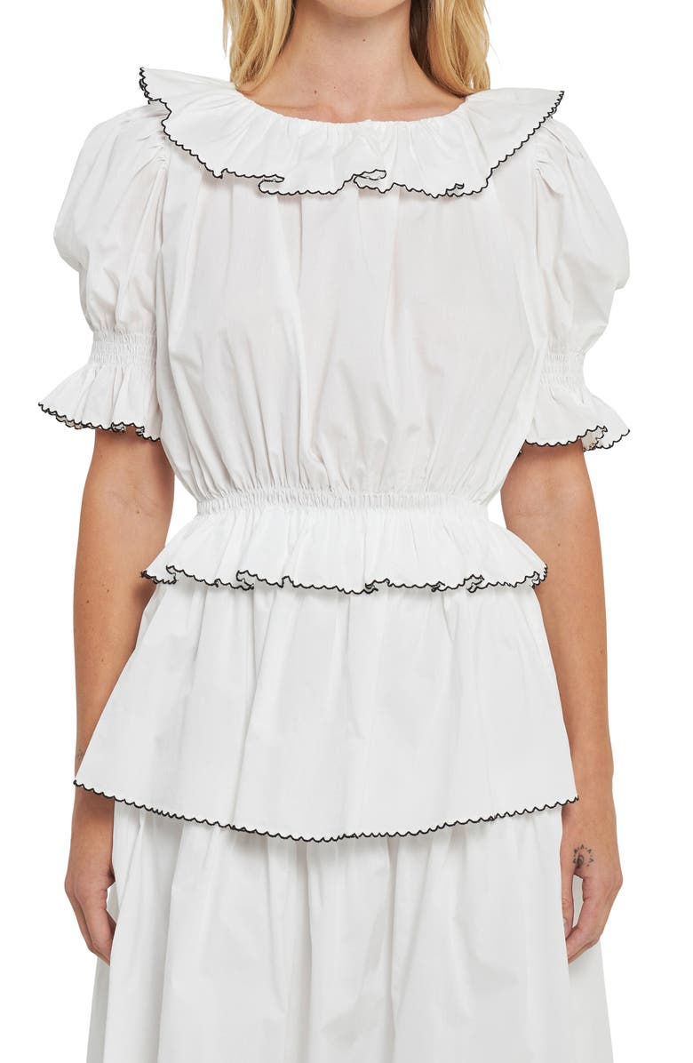 English Factory Picot Stitch Ruffle Poplin Top, Alternate, color, Off White