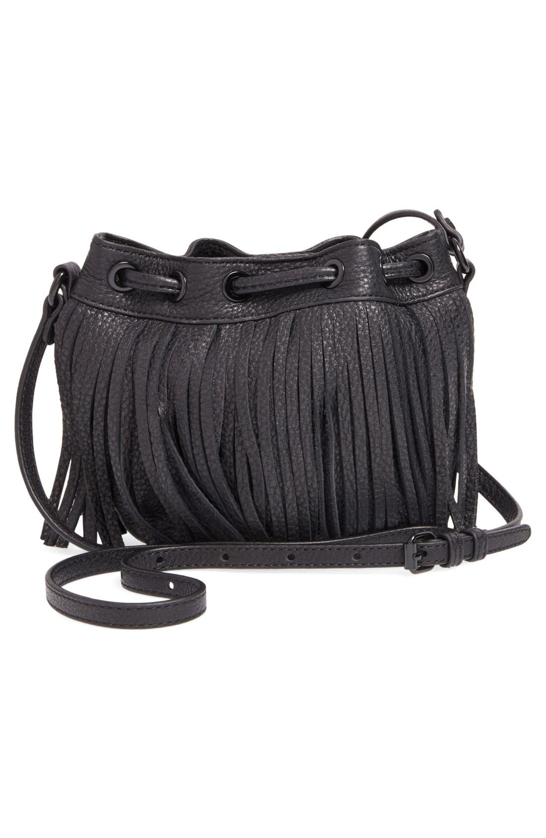 'Micro Lexi' Fringe Bucket Bag, Alternate, color, BLACK/ BLACK