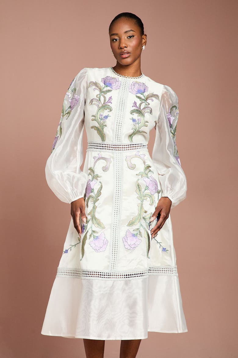 Embroidered Blouson Sleeve Midi Dress, Alternate, color, Light Blue
