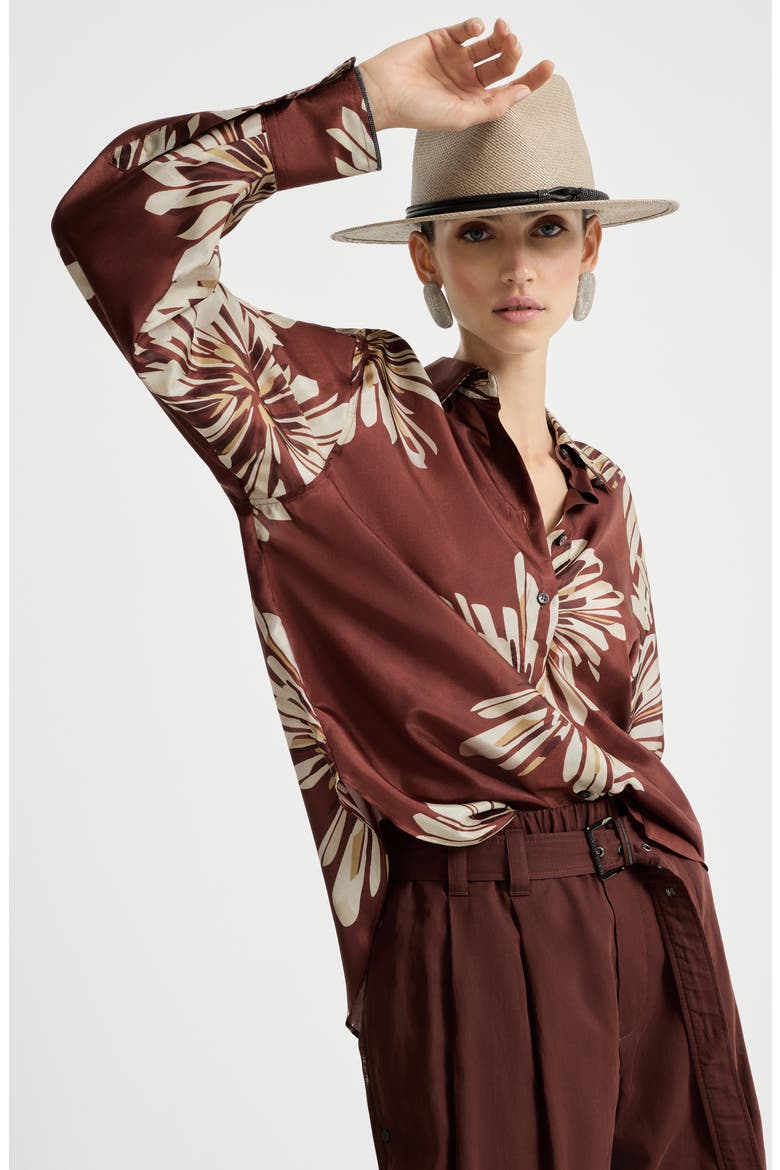 Bloom print pongee shirt, Alternate, color, Bordeaux