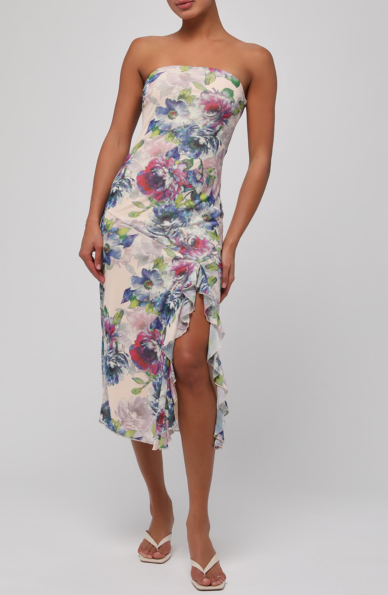 Lulus Aria Ruffle Strapless Midi Dress