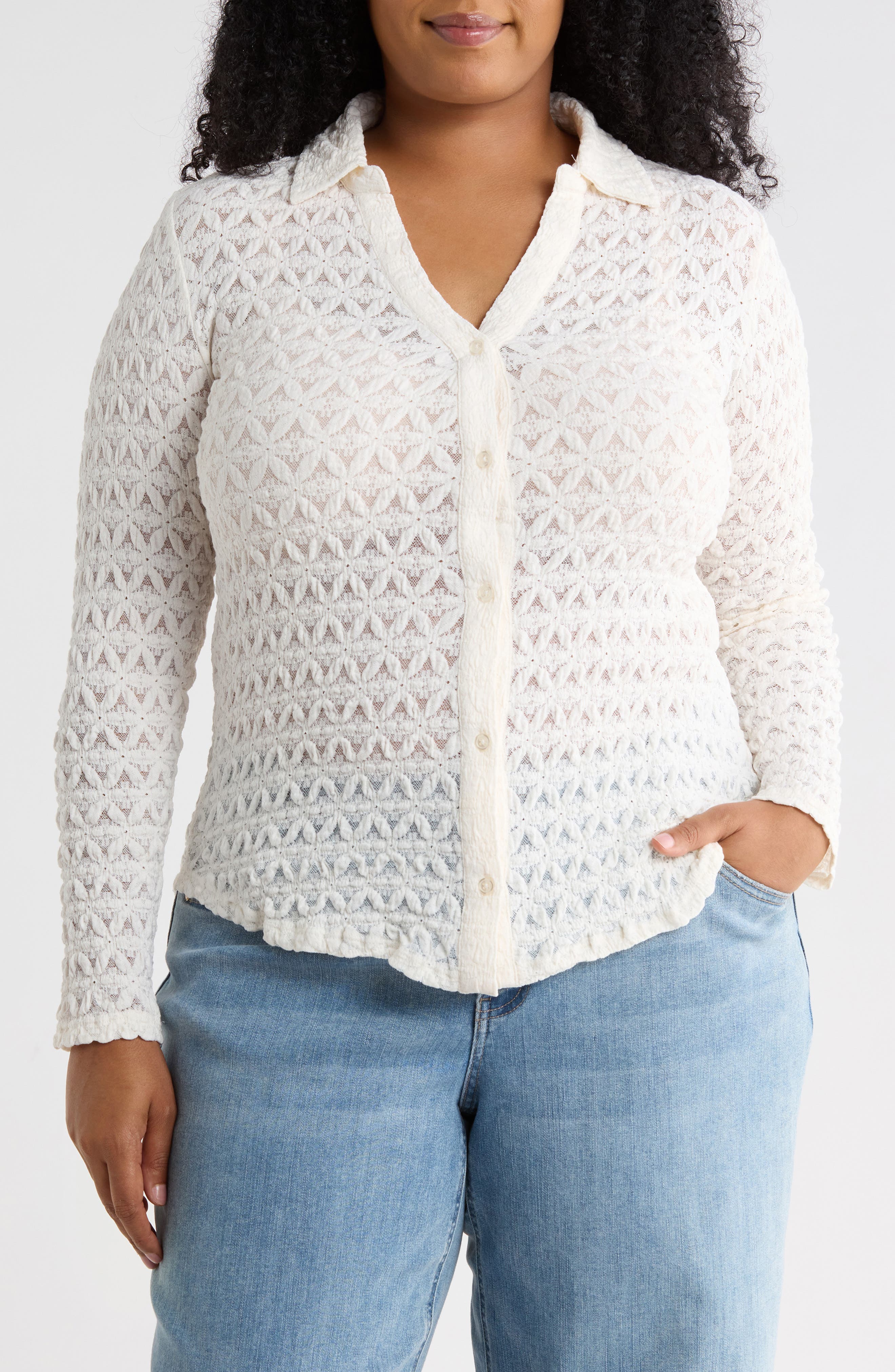 Pucker Up Dreamgirl Semisheer Cotton Blend Lace Button-Up Shirt