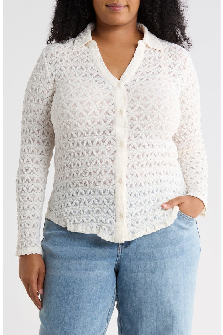 Pucker Up Dreamgirl Semisheer Cotton Blend Lace Button-Up Shirt, Main, color, IVORY CHALK