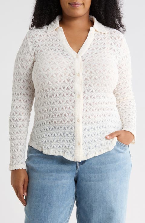 Pucker Up Dreamgirl Semisheer Cotton Blend Lace Button-Up Shirt