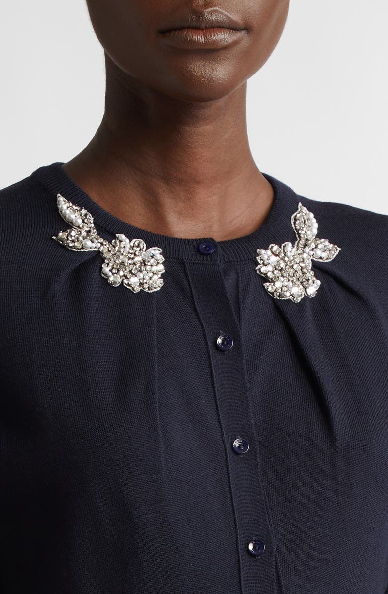 Erdem Drape Detail Embellished Wool Cardigan, Alternate, color,