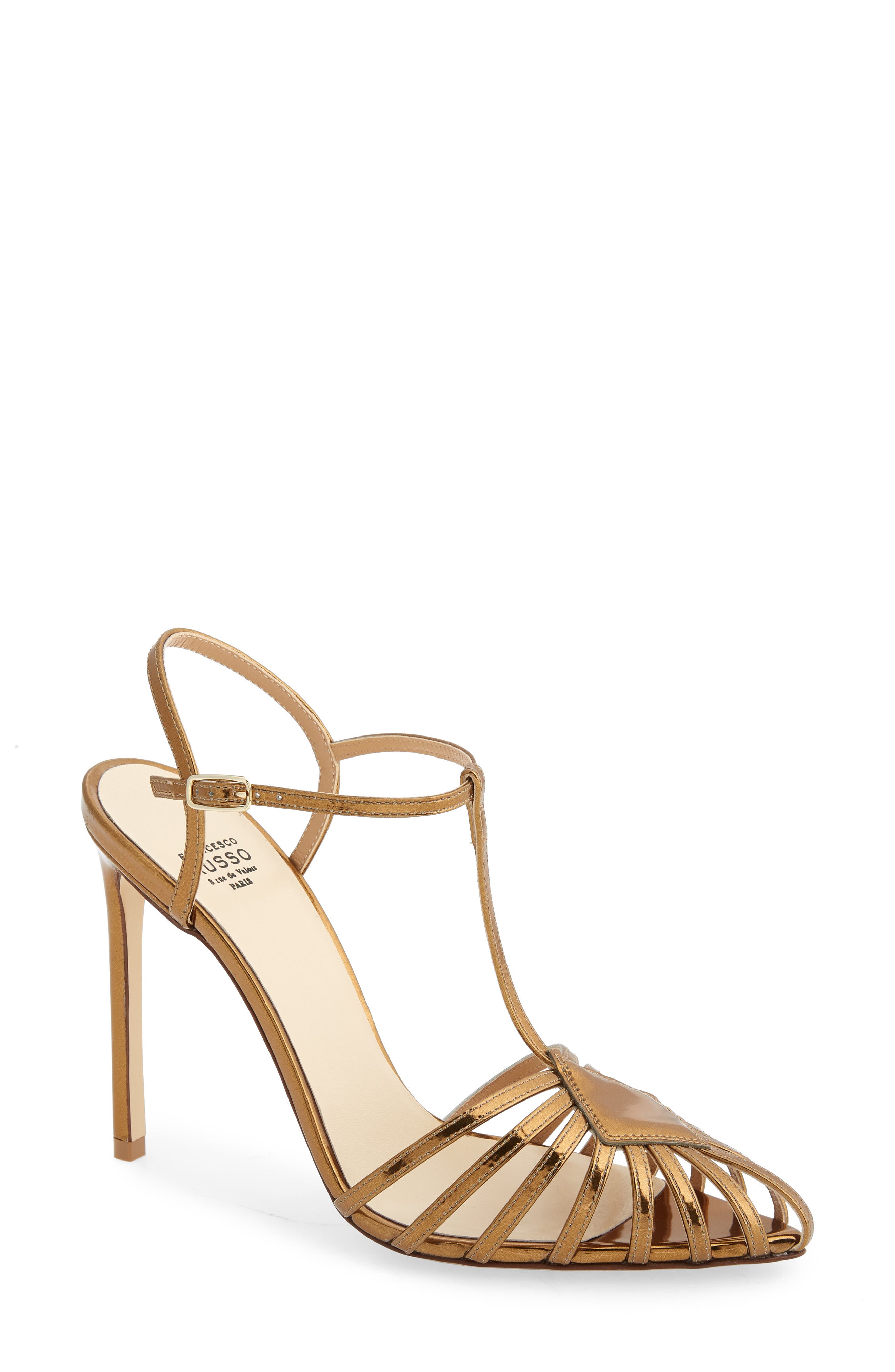 Francesco Russo T-Strap Metallic Stiletto Pump, Main, color, 