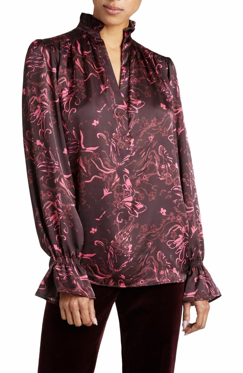Santorelli Chelsea Long Sleeve Blouse in Bordeaux Floral Print, Main, color, 