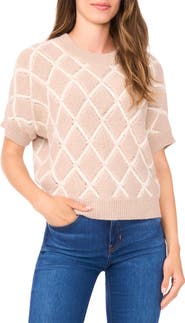 Halogen® Short Sleeve Diamond Stitch Sweater