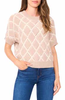 Halogen® Short Sleeve Diamond Stitch Sweater