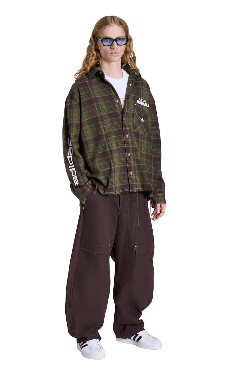 adidas Duck Graphic Distressed Plaid Cotton Flannel Button-Up Shirt, Alternate, color, 