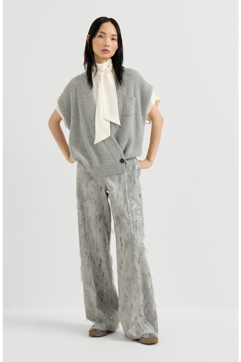 Virgin wool and cashmere twill flannel loose flared trousers with dazzling lynx embroidery, Alternate, color, Grey