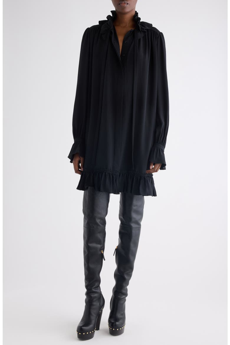Long Sleeve Organic Silk Crêpe de Chine Minidress, Main, color, BLACK