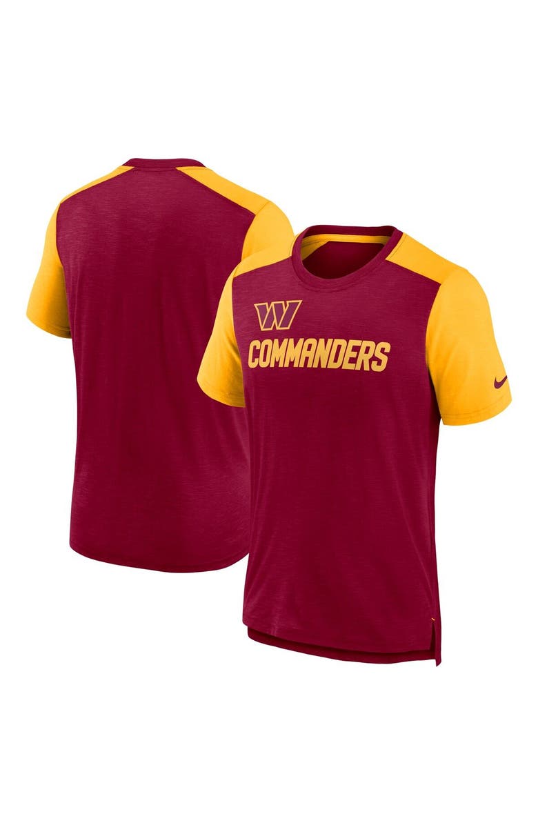 Nike Men's Nike Heathered Burgundy/Heathered Gold Washington Commanders Color Block Team Name T-Shirt, Main, color, Heather Red