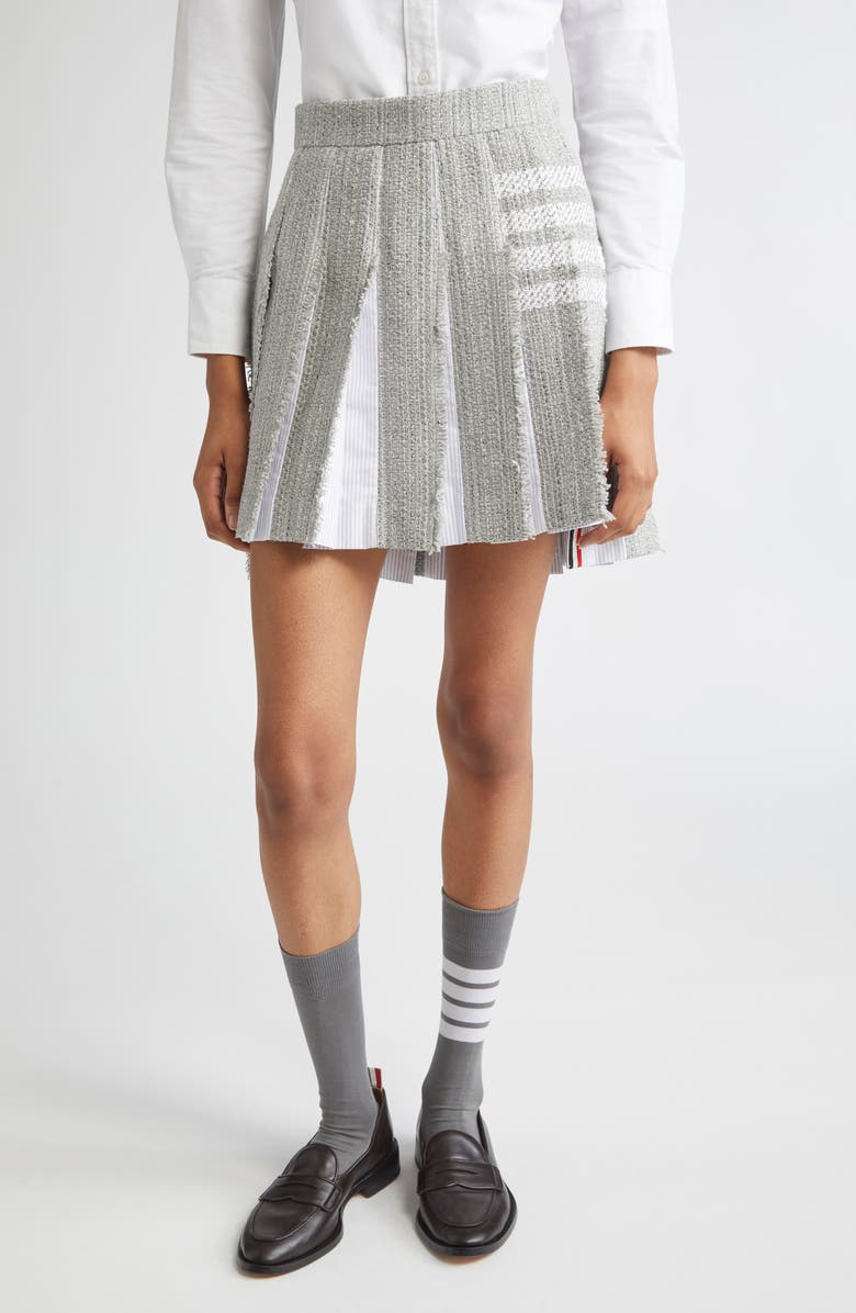Thom Browne 4-Bar Pleated Tweed Miniskirt, Main, color, Medium Grey