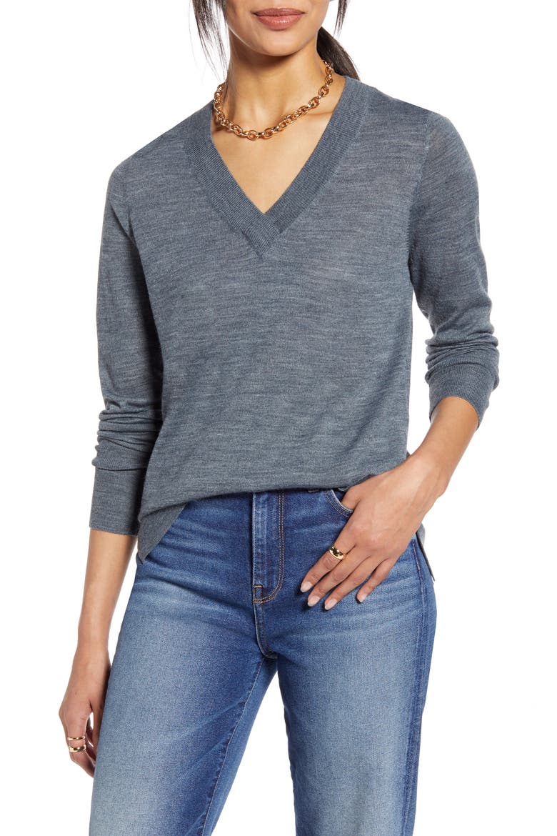 V-Neck Merino Wool Blend Sweater, Main, color, GREY HEATHER
