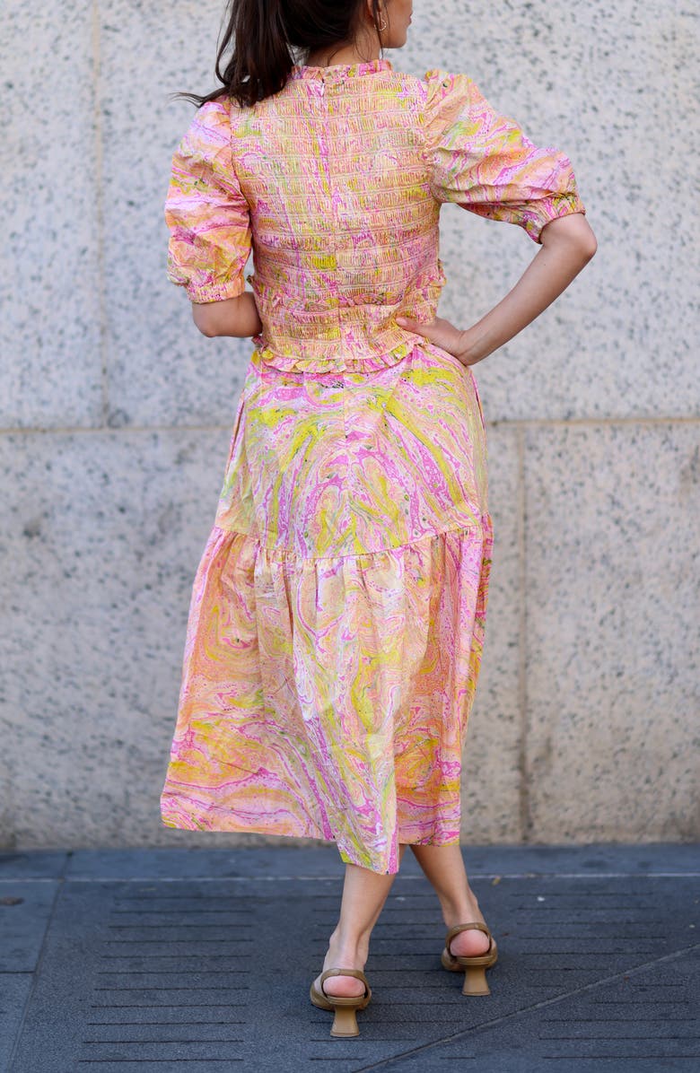 Jessie Zhao New York Astrid Marble Smocked Midi Dress, Alternate, color, Pink