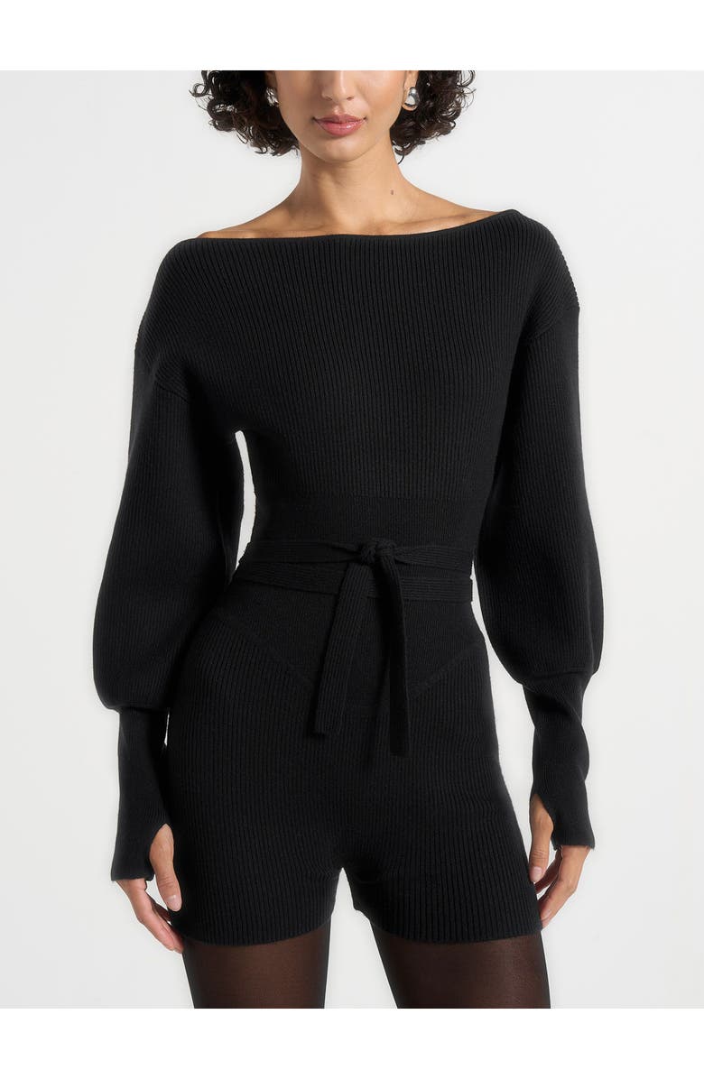Manière De Voir Raya Off Shoulder Knitted Playsuit With Belt, Alternate, color, Black