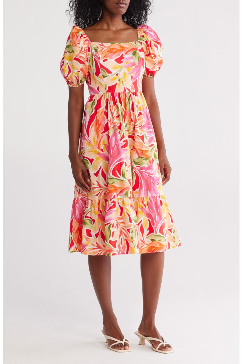 Square Neck Puff Sleeve Cotton Midi Dress, Main, color, PINK MULTI